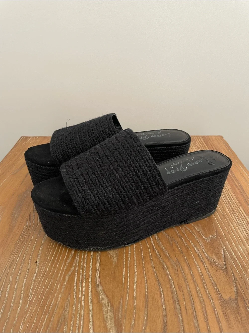 Lemon Drop by Privilege Black Wafa Platform Espadrille Peep Toe Woven Sandals